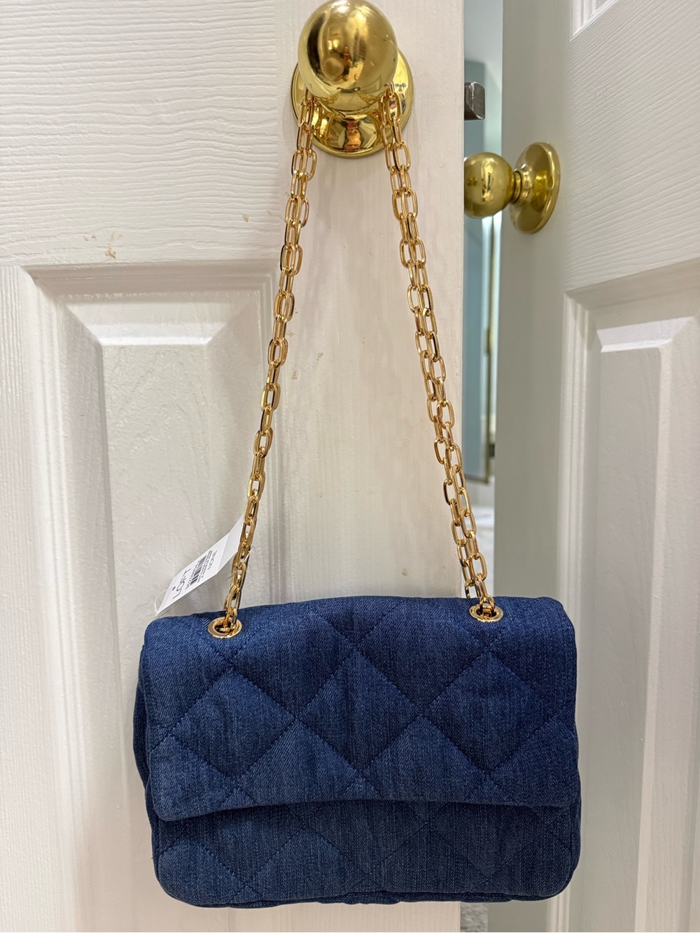LOFT Quilted Denim Shoulder Bag with Gold Chain - Navy